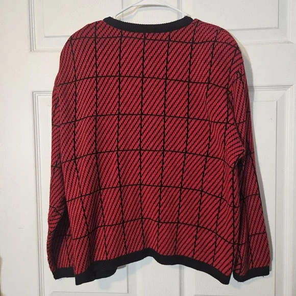 Womens L Made In USA 100% Acrylic Sweater Button Front Cardigan Vintage Red Blk - Picture 8 of 8